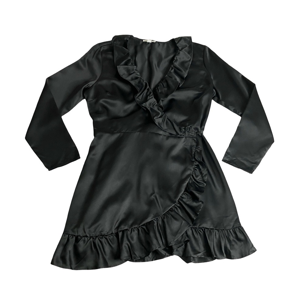 Bar III Wrap Dress Women PL Black Satin Mini Ruffle V-Neck Long Sleeve Night Out
